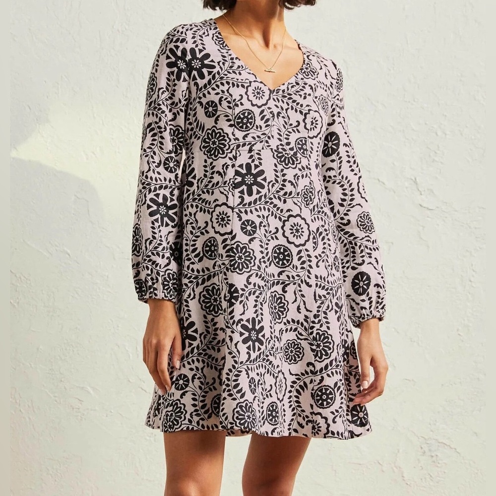 Boden Linen V-Neck Flippy Mini Dress Black/White Size 16/18